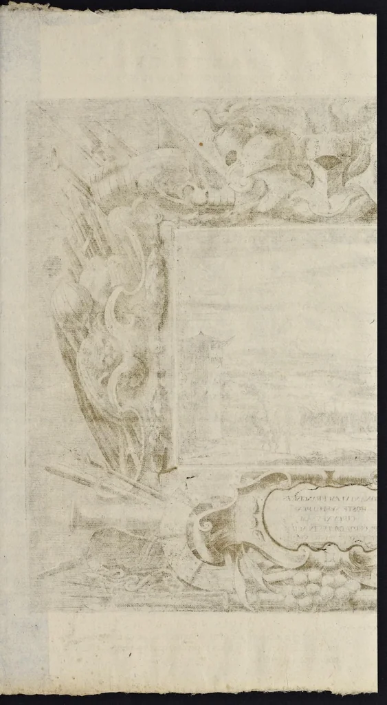 An illustration from L'idea di vn prencipe et eroe christiano in Francesco I. d'Este di Modona e Reggio dvca VIII., generalissimo dell'arme reali di Francia in Italia, &c. : effigiata co'profili delle virtv da prencipi svoi maggiori ereditate : rappresentata alla publica luce co'l funerale apparato sposto nelle solenni eseqvie dall'Altezza serenissima di Alfonso IV. svo primogenito alla gloriosa ed'immortale sva memoria l'anno M.DC.LIX. alli ii. di aprile in Modona celebrate, 1659, leaf 604