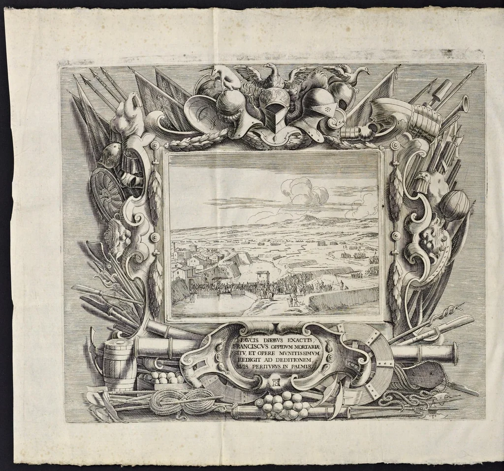 An illustration from L'idea di vn prencipe et eroe christiano in Francesco I. d'Este di Modona e Reggio dvca VIII., generalissimo dell'arme reali di Francia in Italia, &c. : effigiata co'profili delle virtv da prencipi svoi maggiori ereditate : rappresentata alla publica luce co'l funerale apparato sposto nelle solenni eseqvie dall'Altezza serenissima di Alfonso IV. svo primogenito alla gloriosa ed'immortale sva memoria l'anno M.DC.LIX. alli ii. di aprile in Modona celebrate, 1659, leaf 657