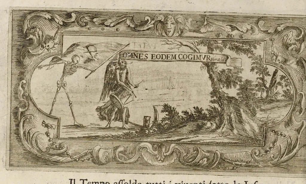 An illustration from L'idea di vn prencipe et eroe christiano in Francesco I. d'Este di Modona e Reggio dvca VIII., generalissimo dell'arme reali di Francia in Italia, &c. : effigiata co'profili delle virtv da prencipi svoi maggiori ereditate : rappresentata alla publica luce co'l funerale apparato sposto nelle solenni eseqvie dall'Altezza serenissima di Alfonso IV. svo primogenito alla gloriosa ed'immortale sva memoria l'anno M.DC.LIX. alli ii. di aprile in Modona celebrate, 1659, leaf 673