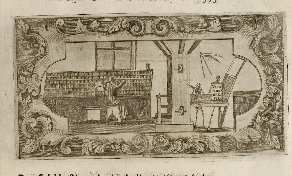 An illustration from L'idea di vn prencipe et eroe christiano in Francesco I. d'Este di Modona e Reggio dvca VIII., generalissimo dell'arme reali di Francia in Italia, &c. : effigiata co'profili delle virtv da prencipi svoi maggiori ereditate : rappresentata alla publica luce co'l funerale apparato sposto nelle solenni eseqvie dall'Altezza serenissima di Alfonso IV. svo primogenito alla gloriosa ed'immortale sva memoria l'anno M.DC.LIX. alli ii. di aprile in Modona celebrate, 1659, leaf 678