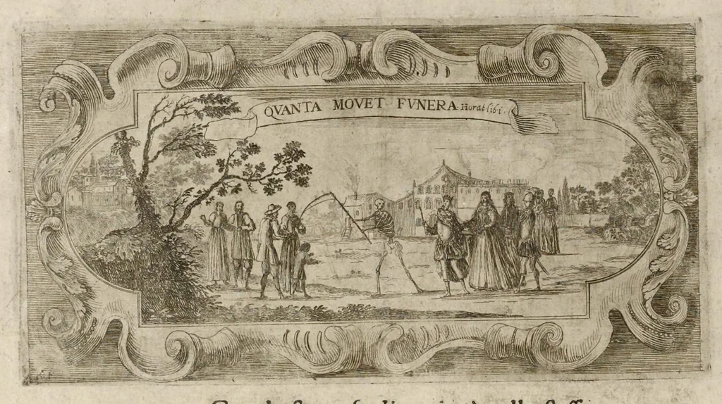 An illustration from L'idea di vn prencipe et eroe christiano in Francesco I. d'Este di Modona e Reggio dvca VIII., generalissimo dell'arme reali di Francia in Italia, &c. : effigiata co'profili delle virtv da prencipi svoi maggiori ereditate : rappresentata alla publica luce co'l funerale apparato sposto nelle solenni eseqvie dall'Altezza serenissima di Alfonso IV. svo primogenito alla gloriosa ed'immortale sva memoria l'anno M.DC.LIX. alli ii. di aprile in Modona celebrate, 1659, leaf 683
