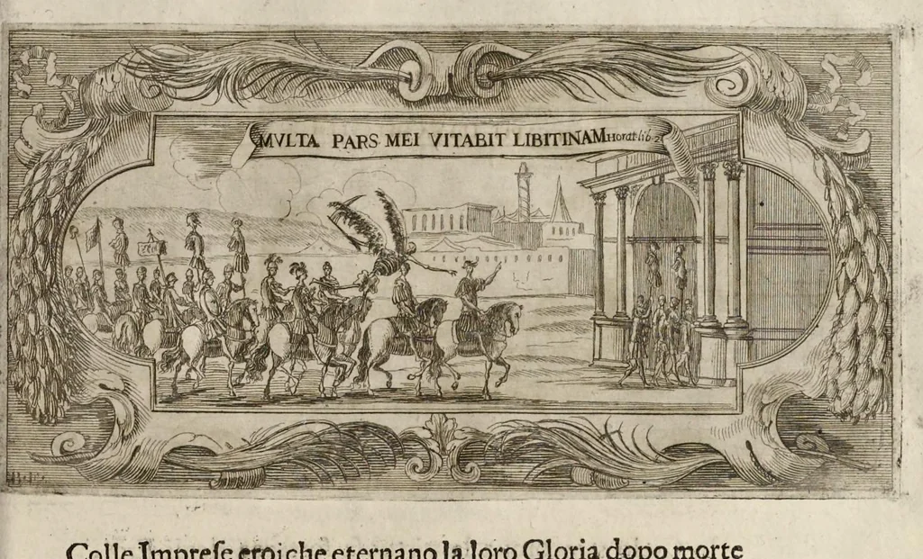 An illustration from L'idea di vn prencipe et eroe christiano in Francesco I. d'Este di Modona e Reggio dvca VIII., generalissimo dell'arme reali di Francia in Italia, &c. : effigiata co'profili delle virtv da prencipi svoi maggiori ereditate : rappresentata alla publica luce co'l funerale apparato sposto nelle solenni eseqvie dall'Altezza serenissima di Alfonso IV. svo primogenito alla gloriosa ed'immortale sva memoria l'anno M.DC.LIX. alli ii. di aprile in Modona celebrate, 1659, leaf 688