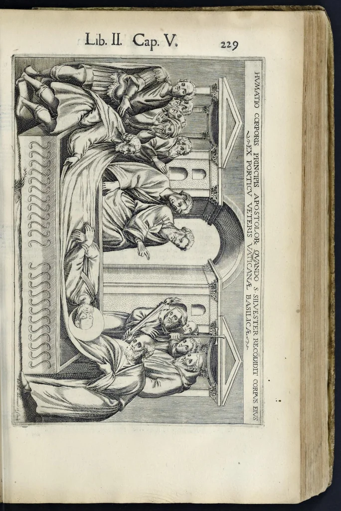 An illustration from Roma svbterranea novissima : in qva post Antonivm Bosivm antesignanvm, Io. Severanvm congreg. oratorii presbytervm, et celebres alios scriptores : antiqva Christianorvm et praecipue martyrun cœmeteria, titvli, monimenta, epitaphia, inscriptiones ac nobiliora sanctorvm sepvlchra, sex libris distincta illustrantvr et qvamplvrimae res ecclesiasticae iconibvs graphice describuntur, ac multiplici tum sacra, tum profana eruditione declarantur : cum duplici indice, capitum & rerum locupletissimo : opera et stvdio, 1651, leaf 256