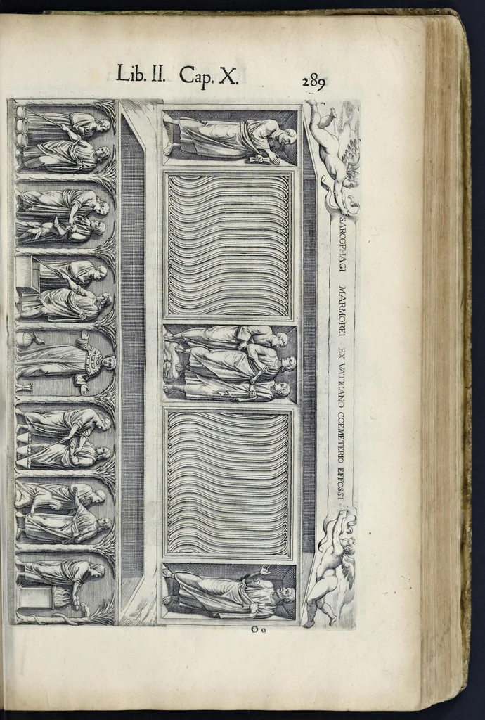 An illustration from Roma svbterranea novissima : in qva post Antonivm Bosivm antesignanvm, Io. Severanvm congreg. oratorii presbytervm, et celebres alios scriptores : antiqva Christianorvm et praecipue martyrun cœmeteria, titvli, monimenta, epitaphia, inscriptiones ac nobiliora sanctorvm sepvlchra, sex libris distincta illustrantvr et qvamplvrimae res ecclesiasticae iconibvs graphice describuntur, ac multiplici tum sacra, tum profana eruditione declarantur : cum duplici indice, capitum & rerum locupletissimo : opera et stvdio, 1651, leaf 316
