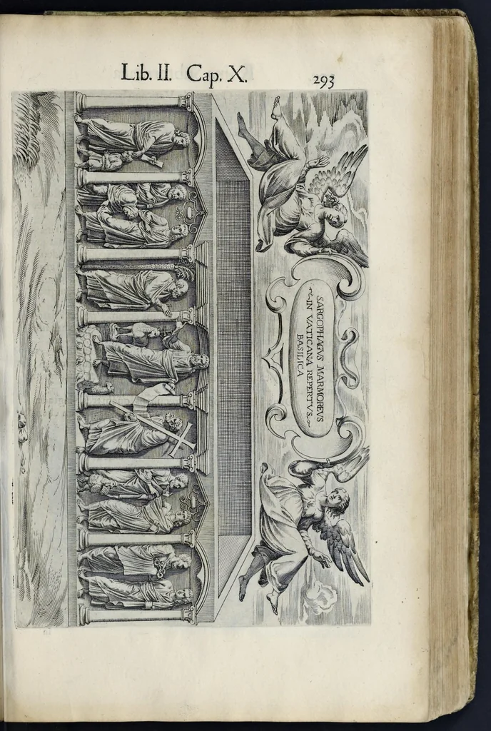 An illustration from Roma svbterranea novissima : in qva post Antonivm Bosivm antesignanvm, Io. Severanvm congreg. oratorii presbytervm, et celebres alios scriptores : antiqva Christianorvm et praecipue martyrun cœmeteria, titvli, monimenta, epitaphia, inscriptiones ac nobiliora sanctorvm sepvlchra, sex libris distincta illustrantvr et qvamplvrimae res ecclesiasticae iconibvs graphice describuntur, ac multiplici tum sacra, tum profana eruditione declarantur : cum duplici indice, capitum & rerum locupletissimo : opera et stvdio, 1651, leaf 320