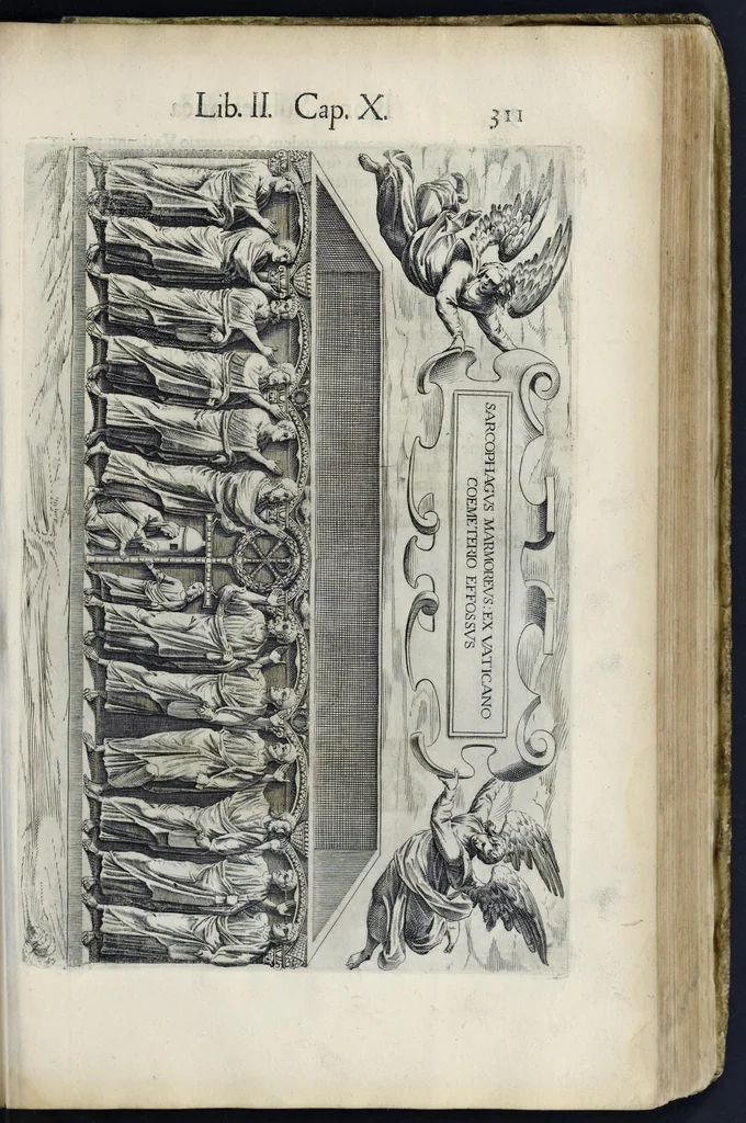 An illustration from Roma svbterranea novissima : in qva post Antonivm Bosivm antesignanvm, Io. Severanvm congreg. oratorii presbytervm, et celebres alios scriptores : antiqva Christianorvm et praecipue martyrun cœmeteria, titvli, monimenta, epitaphia, inscriptiones ac nobiliora sanctorvm sepvlchra, sex libris distincta illustrantvr et qvamplvrimae res ecclesiasticae iconibvs graphice describuntur, ac multiplici tum sacra, tum profana eruditione declarantur : cum duplici indice, capitum & rerum locupletissimo : opera et stvdio, 1651, leaf 338