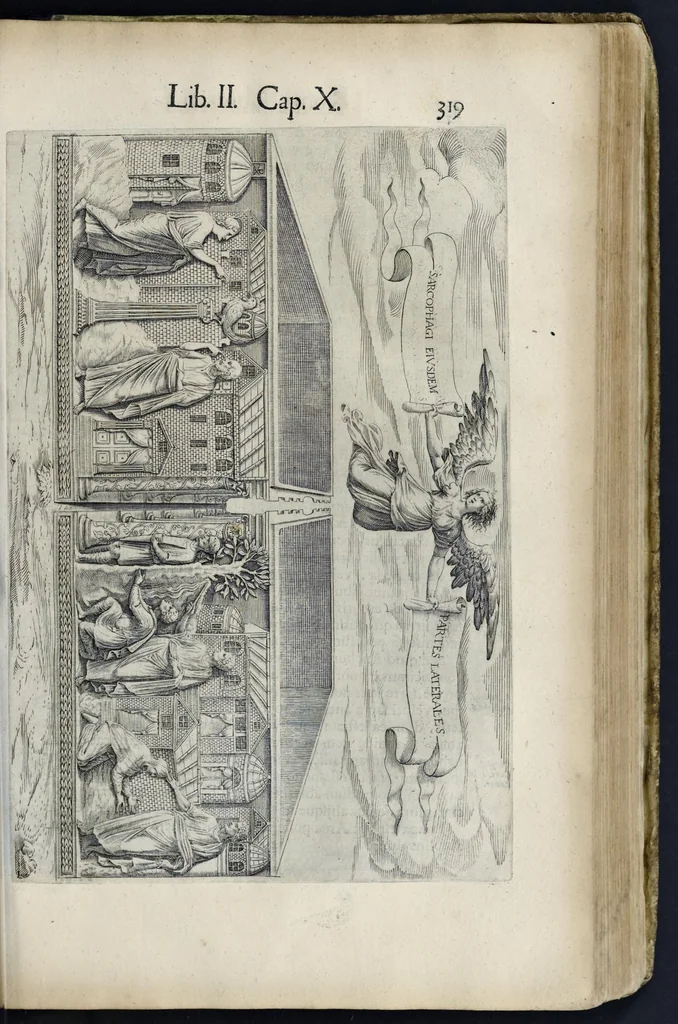 An illustration from Roma svbterranea novissima : in qva post Antonivm Bosivm antesignanvm, Io. Severanvm congreg. oratorii presbytervm, et celebres alios scriptores : antiqva Christianorvm et praecipue martyrun cœmeteria, titvli, monimenta, epitaphia, inscriptiones ac nobiliora sanctorvm sepvlchra, sex libris distincta illustrantvr et qvamplvrimae res ecclesiasticae iconibvs graphice describuntur, ac multiplici tum sacra, tum profana eruditione declarantur : cum duplici indice, capitum & rerum locupletissimo : opera et stvdio, 1651, leaf 346