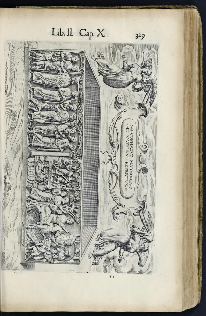An illustration from Roma svbterranea novissima : in qva post Antonivm Bosivm antesignanvm, Io. Severanvm congreg. oratorii presbytervm, et celebres alios scriptores : antiqva Christianorvm et praecipue martyrun cœmeteria, titvli, monimenta, epitaphia, inscriptiones ac nobiliora sanctorvm sepvlchra, sex libris distincta illustrantvr et qvamplvrimae res ecclesiasticae iconibvs graphice describuntur, ac multiplici tum sacra, tum profana eruditione declarantur : cum duplici indice, capitum & rerum locupletissimo : opera et stvdio, 1651, leaf 356