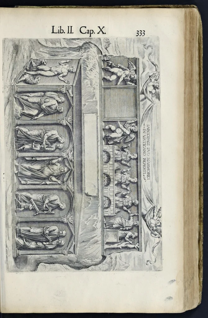 An illustration from Roma svbterranea novissima : in qva post Antonivm Bosivm antesignanvm, Io. Severanvm congreg. oratorii presbytervm, et celebres alios scriptores : antiqva Christianorvm et praecipue martyrun cœmeteria, titvli, monimenta, epitaphia, inscriptiones ac nobiliora sanctorvm sepvlchra, sex libris distincta illustrantvr et qvamplvrimae res ecclesiasticae iconibvs graphice describuntur, ac multiplici tum sacra, tum profana eruditione declarantur : cum duplici indice, capitum & rerum locupletissimo : opera et stvdio, 1651, leaf 360