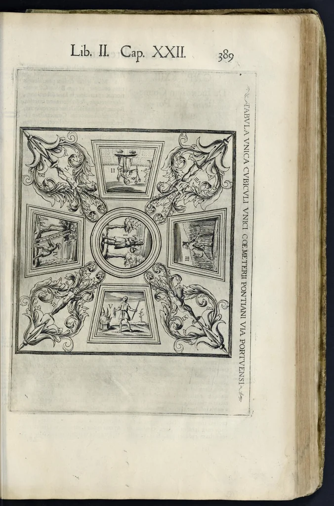 An illustration from Roma svbterranea novissima : in qva post Antonivm Bosivm antesignanvm, Io. Severanvm congreg. oratorii presbytervm, et celebres alios scriptores : antiqva Christianorvm et praecipue martyrun cœmeteria, titvli, monimenta, epitaphia, inscriptiones ac nobiliora sanctorvm sepvlchra, sex libris distincta illustrantvr et qvamplvrimae res ecclesiasticae iconibvs graphice describuntur, ac multiplici tum sacra, tum profana eruditione declarantur : cum duplici indice, capitum & rerum locupletissimo : opera et stvdio, 1651, leaf 416