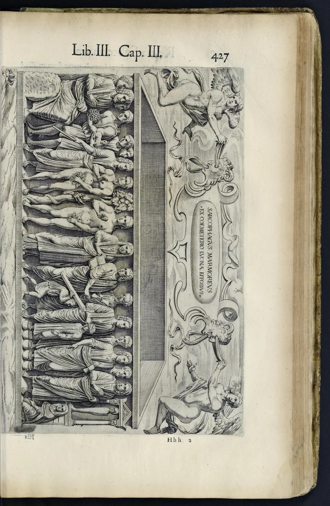An illustration from Roma svbterranea novissima : in qva post Antonivm Bosivm antesignanvm, Io. Severanvm congreg. oratorii presbytervm, et celebres alios scriptores : antiqva Christianorvm et praecipue martyrun cœmeteria, titvli, monimenta, epitaphia, inscriptiones ac nobiliora sanctorvm sepvlchra, sex libris distincta illustrantvr et qvamplvrimae res ecclesiasticae iconibvs graphice describuntur, ac multiplici tum sacra, tum profana eruditione declarantur : cum duplici indice, capitum & rerum locupletissimo : opera et stvdio, 1651, leaf 454