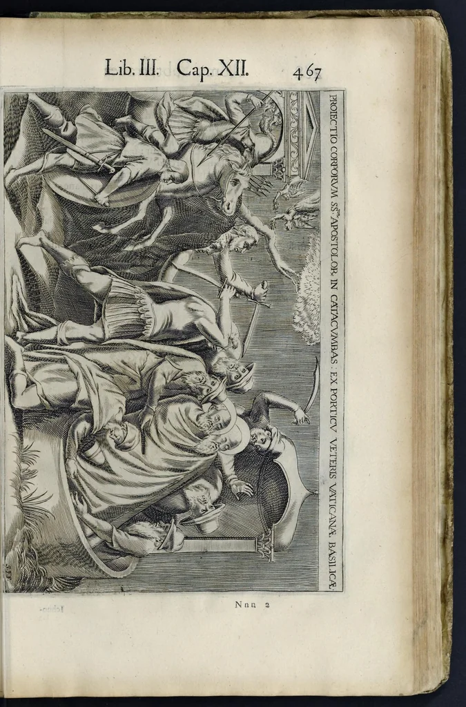 An illustration from Roma svbterranea novissima : in qva post Antonivm Bosivm antesignanvm, Io. Severanvm congreg. oratorii presbytervm, et celebres alios scriptores : antiqva Christianorvm et praecipue martyrun cœmeteria, titvli, monimenta, epitaphia, inscriptiones ac nobiliora sanctorvm sepvlchra, sex libris distincta illustrantvr et qvamplvrimae res ecclesiasticae iconibvs graphice describuntur, ac multiplici tum sacra, tum profana eruditione declarantur : cum duplici indice, capitum & rerum locupletissimo : opera et stvdio, 1651, leaf 494