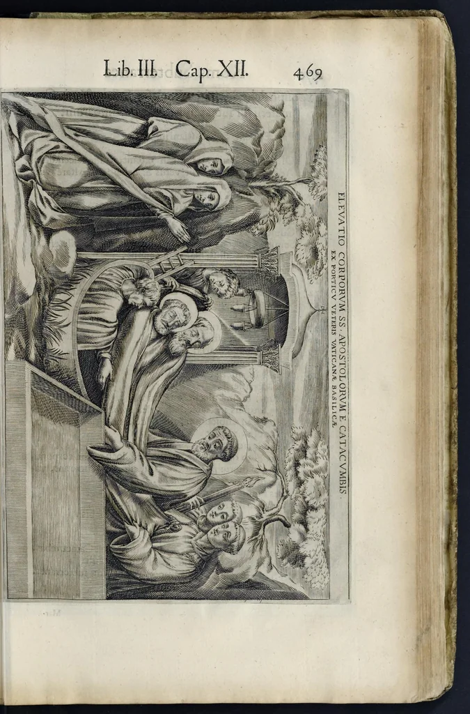 An illustration from Roma svbterranea novissima : in qva post Antonivm Bosivm antesignanvm, Io. Severanvm congreg. oratorii presbytervm, et celebres alios scriptores : antiqva Christianorvm et praecipue martyrun cœmeteria, titvli, monimenta, epitaphia, inscriptiones ac nobiliora sanctorvm sepvlchra, sex libris distincta illustrantvr et qvamplvrimae res ecclesiasticae iconibvs graphice describuntur, ac multiplici tum sacra, tum profana eruditione declarantur : cum duplici indice, capitum & rerum locupletissimo : opera et stvdio, 1651, leaf 496