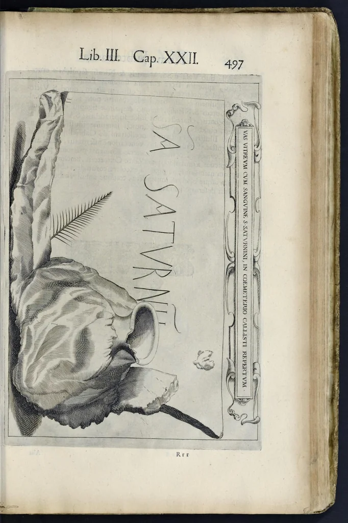 An illustration from Roma svbterranea novissima : in qva post Antonivm Bosivm antesignanvm, Io. Severanvm congreg. oratorii presbytervm, et celebres alios scriptores : antiqva Christianorvm et praecipue martyrun cœmeteria, titvli, monimenta, epitaphia, inscriptiones ac nobiliora sanctorvm sepvlchra, sex libris distincta illustrantvr et qvamplvrimae res ecclesiasticae iconibvs graphice describuntur, ac multiplici tum sacra, tum profana eruditione declarantur : cum duplici indice, capitum & rerum locupletissimo : opera et stvdio, 1651, leaf 524