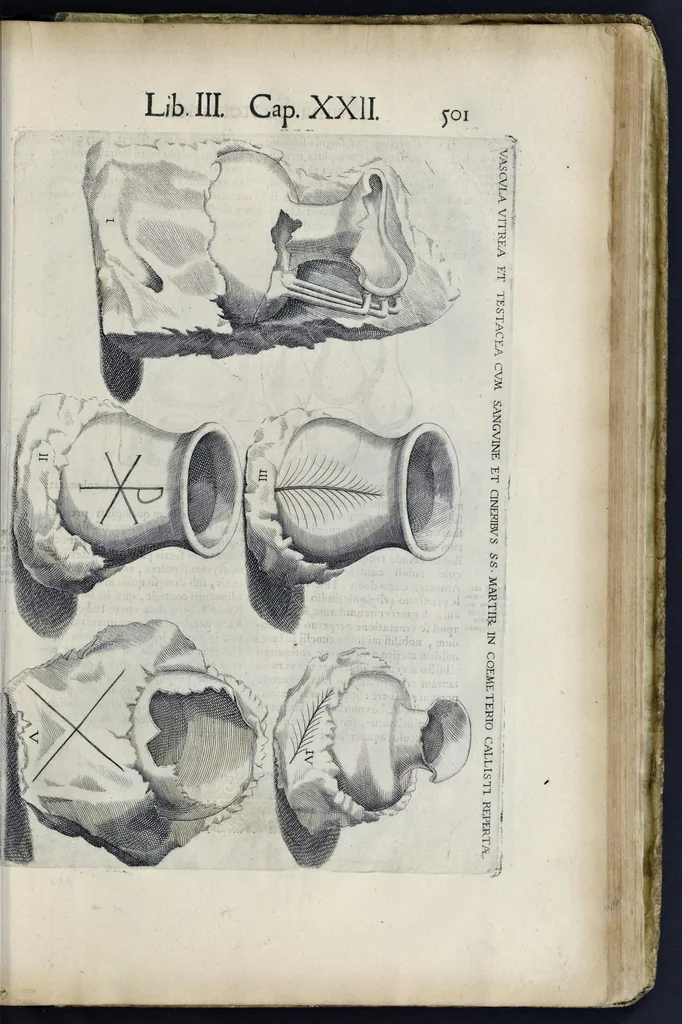 An illustration from Roma svbterranea novissima : in qva post Antonivm Bosivm antesignanvm, Io. Severanvm congreg. oratorii presbytervm, et celebres alios scriptores : antiqva Christianorvm et praecipue martyrun cœmeteria, titvli, monimenta, epitaphia, inscriptiones ac nobiliora sanctorvm sepvlchra, sex libris distincta illustrantvr et qvamplvrimae res ecclesiasticae iconibvs graphice describuntur, ac multiplici tum sacra, tum profana eruditione declarantur : cum duplici indice, capitum & rerum locupletissimo : opera et stvdio, 1651, leaf 528
