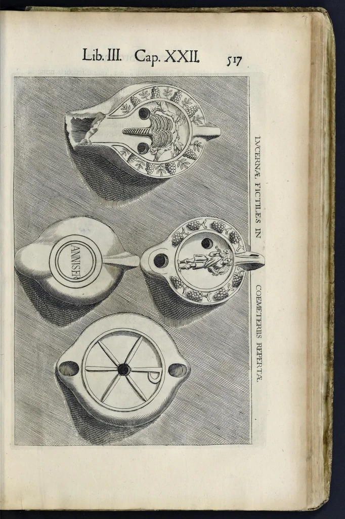 An illustration from Roma svbterranea novissima : in qva post Antonivm Bosivm antesignanvm, Io. Severanvm congreg. oratorii presbytervm, et celebres alios scriptores : antiqva Christianorvm et praecipue martyrun cœmeteria, titvli, monimenta, epitaphia, inscriptiones ac nobiliora sanctorvm sepvlchra, sex libris distincta illustrantvr et qvamplvrimae res ecclesiasticae iconibvs graphice describuntur, ac multiplici tum sacra, tum profana eruditione declarantur : cum duplici indice, capitum & rerum locupletissimo : opera et stvdio, 1651, leaf 544