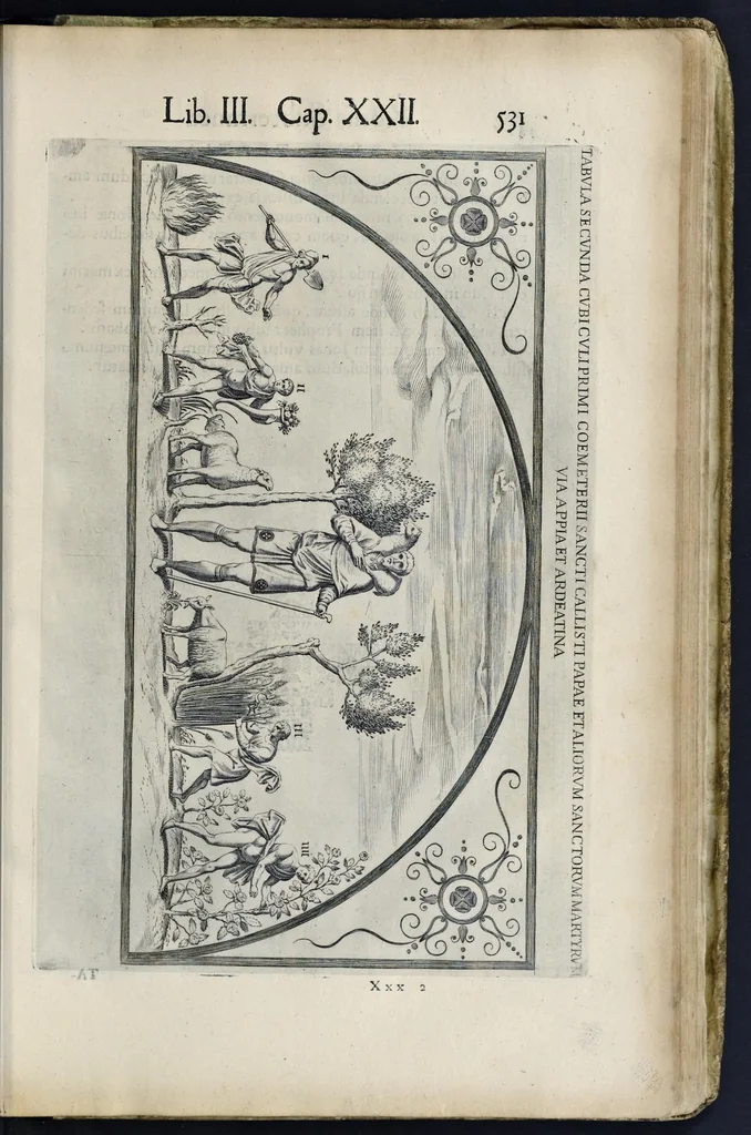 An illustration from Roma svbterranea novissima : in qva post Antonivm Bosivm antesignanvm, Io. Severanvm congreg. oratorii presbytervm, et celebres alios scriptores : antiqva Christianorvm et praecipue martyrun cœmeteria, titvli, monimenta, epitaphia, inscriptiones ac nobiliora sanctorvm sepvlchra, sex libris distincta illustrantvr et qvamplvrimae res ecclesiasticae iconibvs graphice describuntur, ac multiplici tum sacra, tum profana eruditione declarantur : cum duplici indice, capitum & rerum locupletissimo : opera et stvdio, 1651, leaf 558