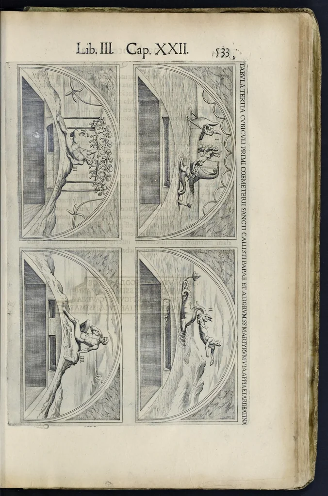 An illustration from Roma svbterranea novissima : in qva post Antonivm Bosivm antesignanvm, Io. Severanvm congreg. oratorii presbytervm, et celebres alios scriptores : antiqva Christianorvm et praecipue martyrun cœmeteria, titvli, monimenta, epitaphia, inscriptiones ac nobiliora sanctorvm sepvlchra, sex libris distincta illustrantvr et qvamplvrimae res ecclesiasticae iconibvs graphice describuntur, ac multiplici tum sacra, tum profana eruditione declarantur : cum duplici indice, capitum & rerum locupletissimo : opera et stvdio, 1651, leaf 560