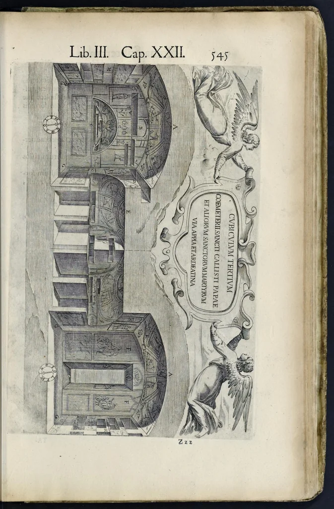 An illustration from Roma svbterranea novissima : in qva post Antonivm Bosivm antesignanvm, Io. Severanvm congreg. oratorii presbytervm, et celebres alios scriptores : antiqva Christianorvm et praecipue martyrun cœmeteria, titvli, monimenta, epitaphia, inscriptiones ac nobiliora sanctorvm sepvlchra, sex libris distincta illustrantvr et qvamplvrimae res ecclesiasticae iconibvs graphice describuntur, ac multiplici tum sacra, tum profana eruditione declarantur : cum duplici indice, capitum & rerum locupletissimo : opera et stvdio, 1651, leaf 572
