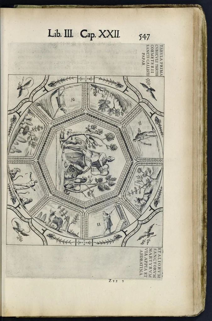 An illustration from Roma svbterranea novissima : in qva post Antonivm Bosivm antesignanvm, Io. Severanvm congreg. oratorii presbytervm, et celebres alios scriptores : antiqva Christianorvm et praecipue martyrun cœmeteria, titvli, monimenta, epitaphia, inscriptiones ac nobiliora sanctorvm sepvlchra, sex libris distincta illustrantvr et qvamplvrimae res ecclesiasticae iconibvs graphice describuntur, ac multiplici tum sacra, tum profana eruditione declarantur : cum duplici indice, capitum & rerum locupletissimo : opera et stvdio, 1651, leaf 574