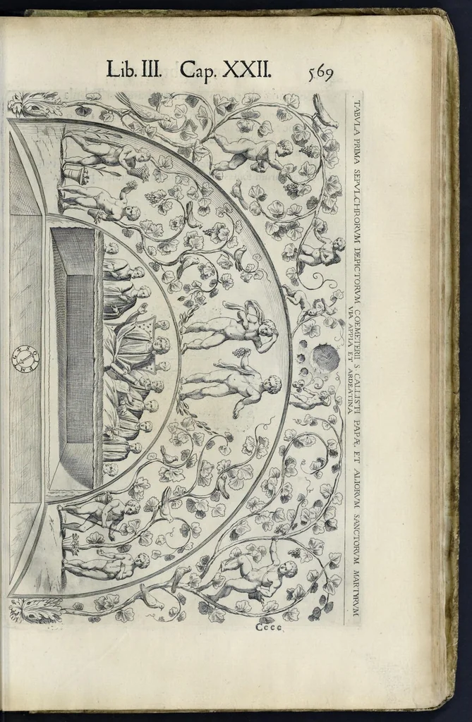 An illustration from Roma svbterranea novissima : in qva post Antonivm Bosivm antesignanvm, Io. Severanvm congreg. oratorii presbytervm, et celebres alios scriptores : antiqva Christianorvm et praecipue martyrun cœmeteria, titvli, monimenta, epitaphia, inscriptiones ac nobiliora sanctorvm sepvlchra, sex libris distincta illustrantvr et qvamplvrimae res ecclesiasticae iconibvs graphice describuntur, ac multiplici tum sacra, tum profana eruditione declarantur : cum duplici indice, capitum & rerum locupletissimo : opera et stvdio, 1651, leaf 596