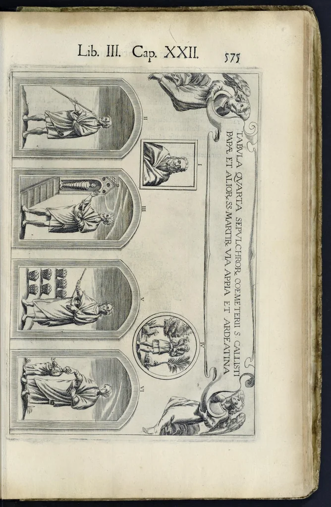 An illustration from Roma svbterranea novissima : in qva post Antonivm Bosivm antesignanvm, Io. Severanvm congreg. oratorii presbytervm, et celebres alios scriptores : antiqva Christianorvm et praecipue martyrun cœmeteria, titvli, monimenta, epitaphia, inscriptiones ac nobiliora sanctorvm sepvlchra, sex libris distincta illustrantvr et qvamplvrimae res ecclesiasticae iconibvs graphice describuntur, ac multiplici tum sacra, tum profana eruditione declarantur : cum duplici indice, capitum & rerum locupletissimo : opera et stvdio, 1651, leaf 602