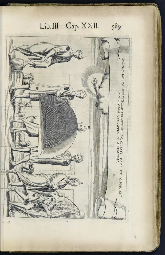 An illustration from Roma svbterranea novissima : in qva post Antonivm Bosivm antesignanvm, Io. Severanvm congreg. oratorii presbytervm, et celebres alios scriptores : antiqva Christianorvm et praecipue martyrun cœmeteria, titvli, monimenta, epitaphia, inscriptiones ac nobiliora sanctorvm sepvlchra, sex libris distincta illustrantvr et qvamplvrimae res ecclesiasticae iconibvs graphice describuntur, ac multiplici tum sacra, tum profana eruditione declarantur : cum duplici indice, capitum & rerum locupletissimo : opera et stvdio, 1651, leaf 616