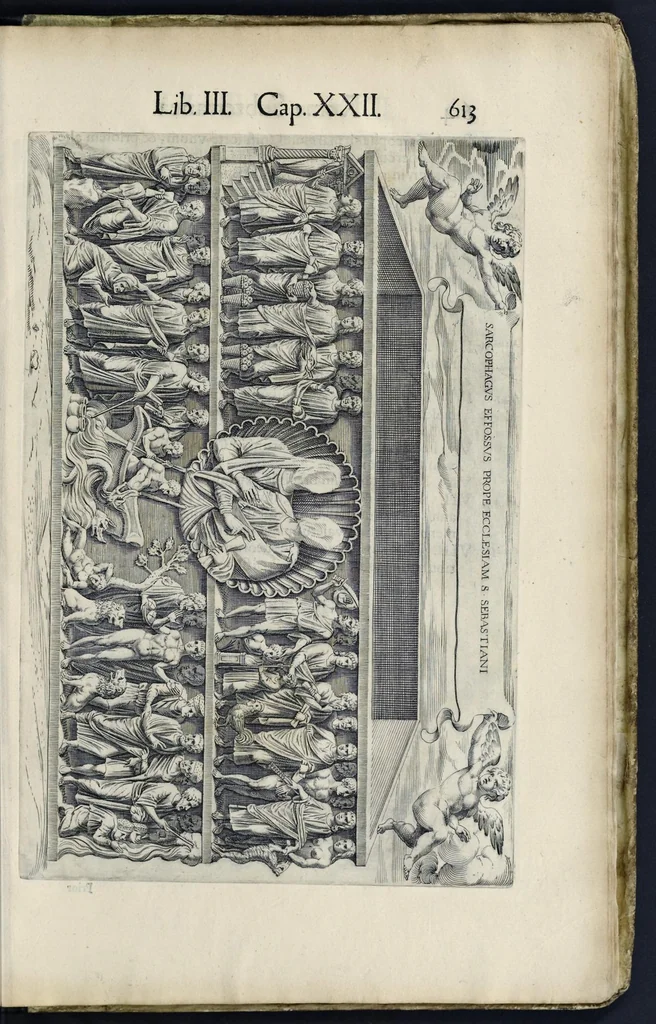 An illustration from Roma svbterranea novissima : in qva post Antonivm Bosivm antesignanvm, Io. Severanvm congreg. oratorii presbytervm, et celebres alios scriptores : antiqva Christianorvm et praecipue martyrun cœmeteria, titvli, monimenta, epitaphia, inscriptiones ac nobiliora sanctorvm sepvlchra, sex libris distincta illustrantvr et qvamplvrimae res ecclesiasticae iconibvs graphice describuntur, ac multiplici tum sacra, tum profana eruditione declarantur : cum duplici indice, capitum & rerum locupletissimo : opera et stvdio, 1651, leaf 640