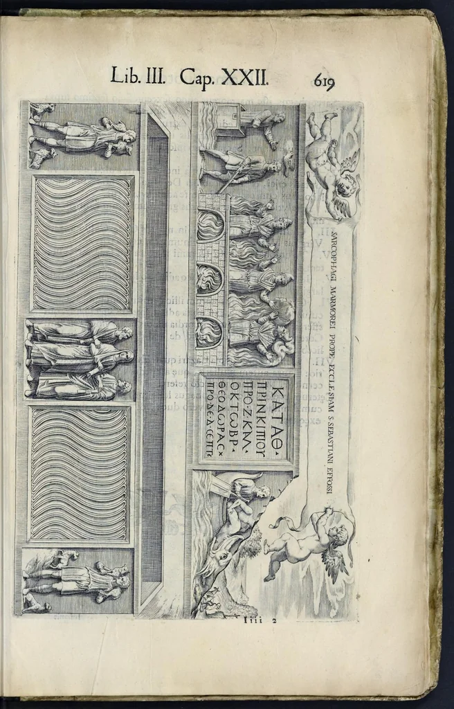 An illustration from Roma svbterranea novissima : in qva post Antonivm Bosivm antesignanvm, Io. Severanvm congreg. oratorii presbytervm, et celebres alios scriptores : antiqva Christianorvm et praecipue martyrun cœmeteria, titvli, monimenta, epitaphia, inscriptiones ac nobiliora sanctorvm sepvlchra, sex libris distincta illustrantvr et qvamplvrimae res ecclesiasticae iconibvs graphice describuntur, ac multiplici tum sacra, tum profana eruditione declarantur : cum duplici indice, capitum & rerum locupletissimo : opera et stvdio, 1651, leaf 646