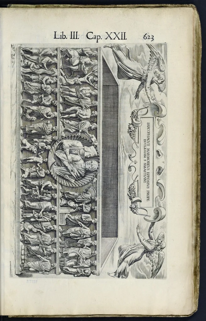 An illustration from Roma svbterranea novissima : in qva post Antonivm Bosivm antesignanvm, Io. Severanvm congreg. oratorii presbytervm, et celebres alios scriptores : antiqva Christianorvm et praecipue martyrun cœmeteria, titvli, monimenta, epitaphia, inscriptiones ac nobiliora sanctorvm sepvlchra, sex libris distincta illustrantvr et qvamplvrimae res ecclesiasticae iconibvs graphice describuntur, ac multiplici tum sacra, tum profana eruditione declarantur : cum duplici indice, capitum & rerum locupletissimo : opera et stvdio, 1651, leaf 650