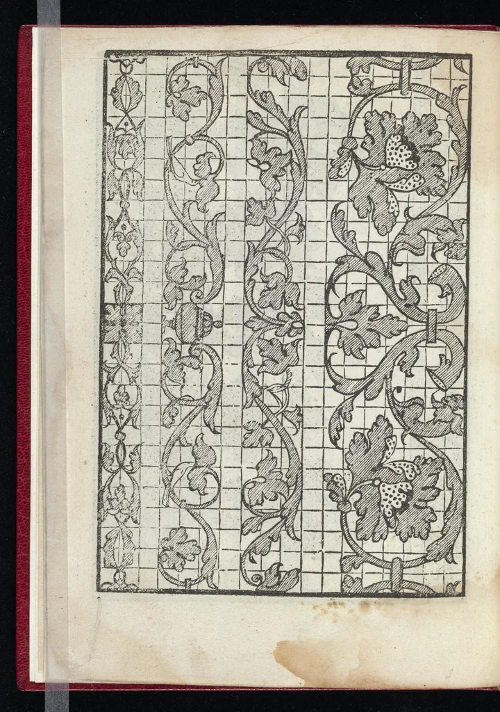 An illustration from Lvcidario di recami : nel qval si contengo molte & varie sorti di dissegni : a pvnti in aere, et pvnti tagliaci & a fogliami & con figure, & di piu altre maniere, come al presente si vsano non piu venute in luce : per leqvli ogni elevato ingegno potrà in diuersi modi commodissimamamente seruirsi, 1563, leaf 17