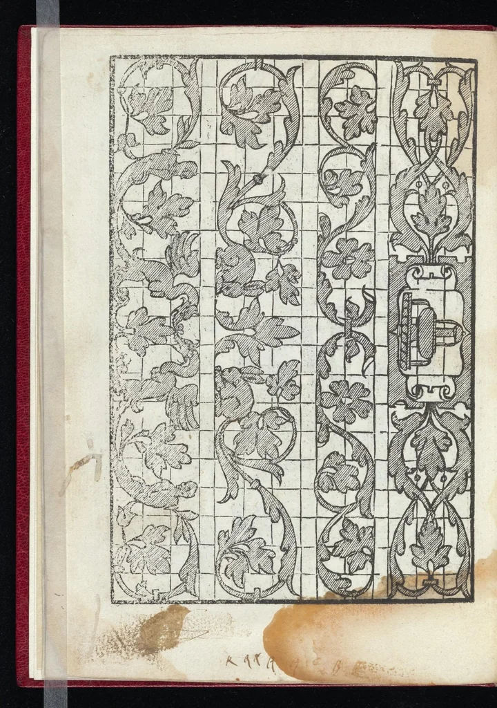 An illustration from Lvcidario di recami : nel qval si contengo molte & varie sorti di dissegni : a pvnti in aere, et pvnti tagliaci & a fogliami & con figure, & di piu altre maniere, come al presente si vsano non piu venute in luce : per leqvli ogni elevato ingegno potrà in diuersi modi commodissimamamente seruirsi, 1563, leaf 19