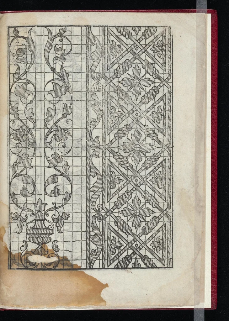 An illustration from Lvcidario di recami : nel qval si contengo molte & varie sorti di dissegni : a pvnti in aere, et pvnti tagliaci & a fogliami & con figure, & di piu altre maniere, come al presente si vsano non piu venute in luce : per leqvli ogni elevato ingegno potrà in diuersi modi commodissimamamente seruirsi, 1563, leaf 34
