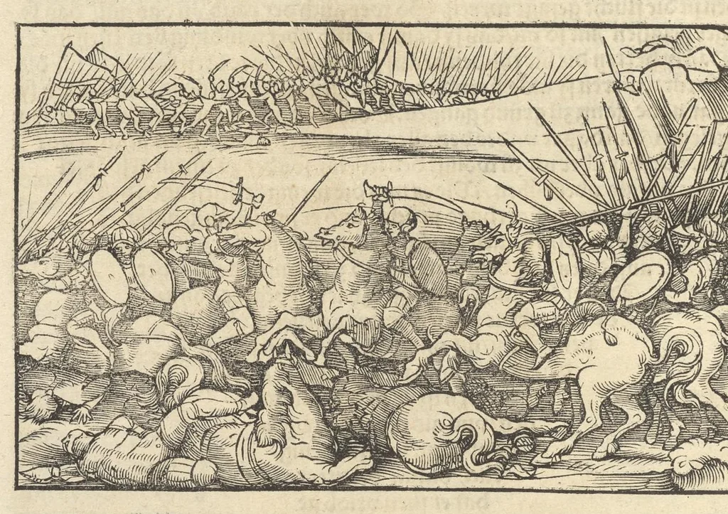 An illustration from Des hochberümptesten Geschicht Schreybers Justini warhafftige Hystorien, die er auss Trogo Pompeio gezoge[n] vn[d] inn vierzig vier Bücher aussgeteylt darinn er von vil Künigreychen der Welt wie die auff vnnd Abgang genom[m]en beschryben, 1531, leaf 141