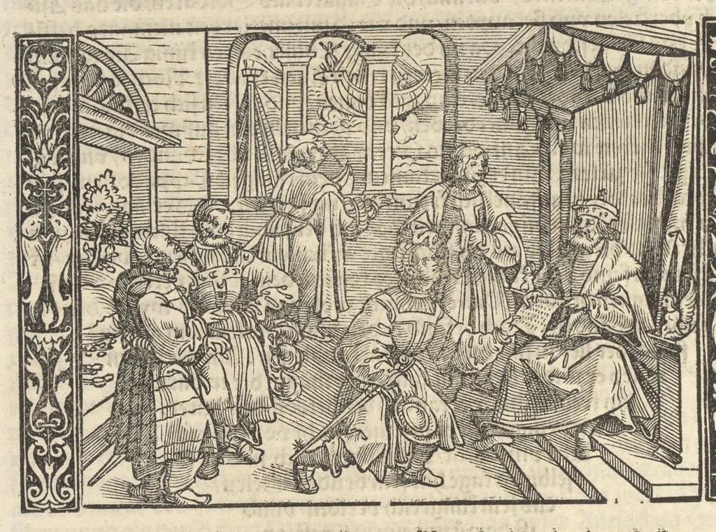 An illustration from Des hochberümptesten Geschicht Schreybers Justini warhafftige Hystorien, die er auss Trogo Pompeio gezoge[n] vn[d] inn vierzig vier Bücher aussgeteylt darinn er von vil Künigreychen der Welt wie die auff vnnd Abgang genom[m]en beschryben, 1531, leaf 175