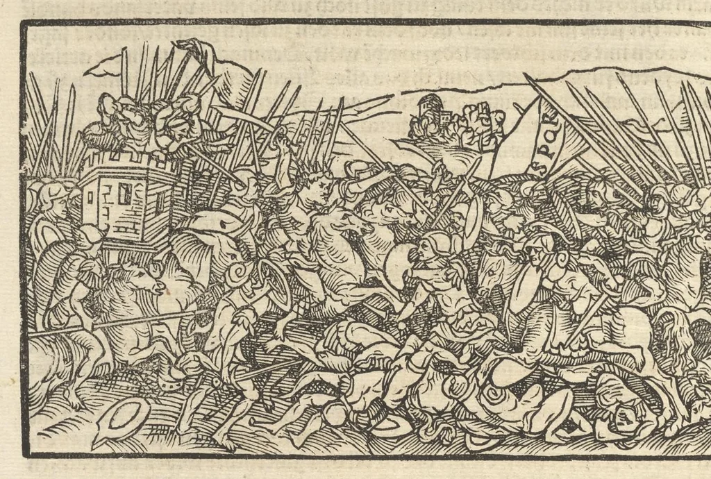 An illustration from Des hochberümptesten Geschicht Schreybers Justini warhafftige Hystorien, die er auss Trogo Pompeio gezoge[n] vn[d] inn vierzig vier Bücher aussgeteylt darinn er von vil Künigreychen der Welt wie die auff vnnd Abgang genom[m]en beschryben, 1531, leaf 193