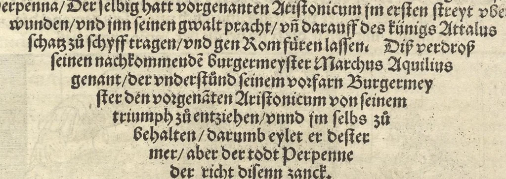 An illustration from Des hochberümptesten Geschicht Schreybers Justini warhafftige Hystorien, die er auss Trogo Pompeio gezoge[n] vn[d] inn vierzig vier Bücher aussgeteylt darinn er von vil Künigreychen der Welt wie die auff vnnd Abgang genom[m]en beschryben, 1531, leaf 206