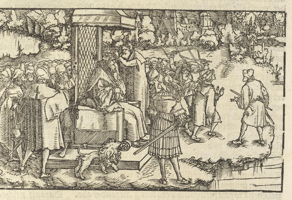 An illustration from Des hochberümptesten Geschicht Schreybers Justini warhafftige Hystorien, die er auss Trogo Pompeio gezoge[n] vn[d] inn vierzig vier Bücher aussgeteylt darinn er von vil Künigreychen der Welt wie die auff vnnd Abgang genom[m]en beschryben, 1531, leaf 220