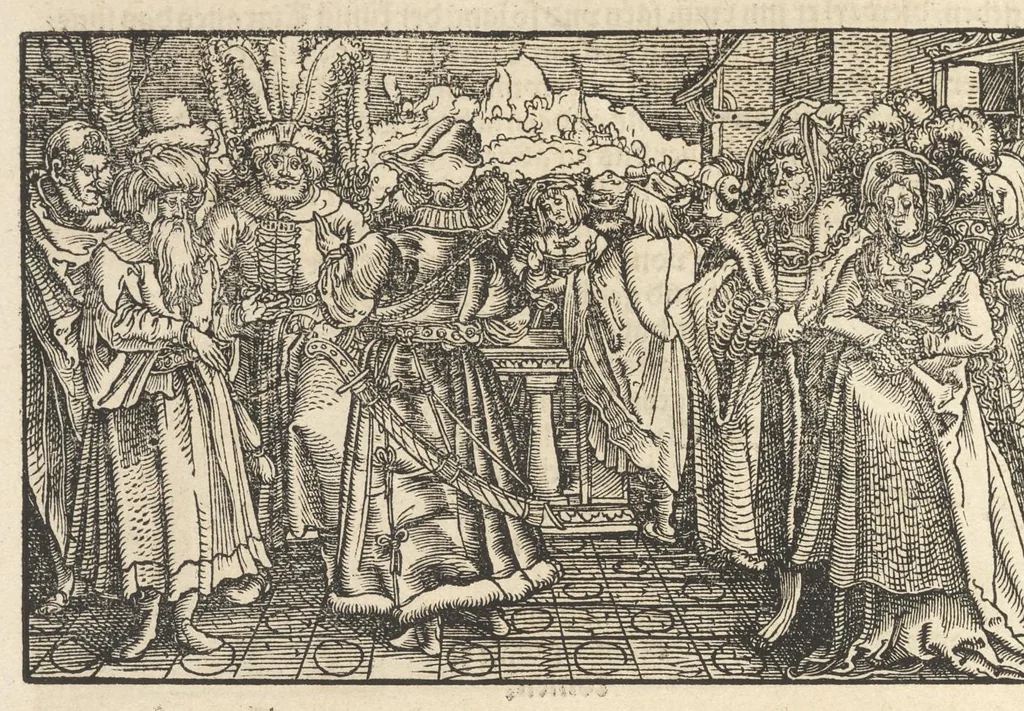 An illustration from Des hochberümptesten Geschicht Schreybers Justini warhafftige Hystorien, die er auss Trogo Pompeio gezoge[n] vn[d] inn vierzig vier Bücher aussgeteylt darinn er von vil Künigreychen der Welt wie die auff vnnd Abgang genom[m]en beschryben, 1531, leaf 227