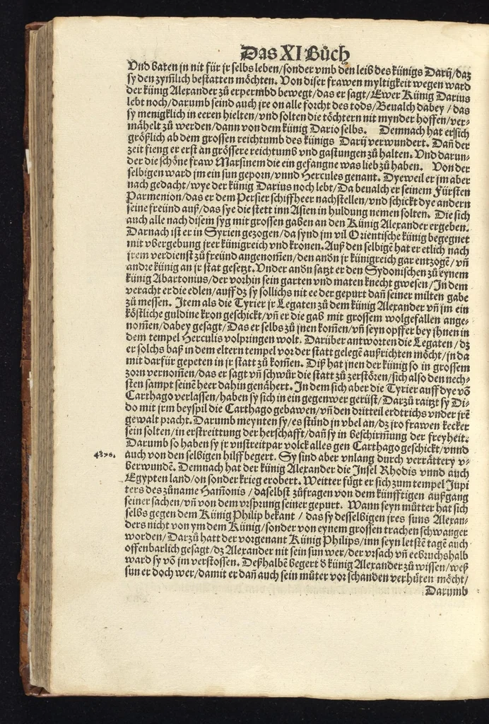An illustration from Des hochberümptesten Geschicht Schreybers Justini warhafftige Hystorien, die er auss Trogo Pompeio gezoge[n] vn[d] inn vierzig vier Bücher aussgeteylt darinn er von vil Künigreychen der Welt wie die auff vnnd Abgang genom[m]en beschryben, 1531, leaf 91