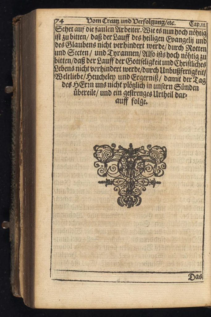 An illustration from Herrn Johann Arndts weyland General-Superintend. des löblichen Fürstenthums Lüneburg, Fünff Bücher vom wahren Christenthum : derer kurzer Inhalt vor jedem Buche zu finden, schon bey Lebzeiten sel. H. Johann Arndts, aus dessen wahren Original von denen Sternen in Lüneburg gedruckt, mit schönen zur Sache dienlichen Kupffern und deren Erklärung gezieret, wie auch mit hochnützlichen Registern vermehret, 1685, leaf 1251