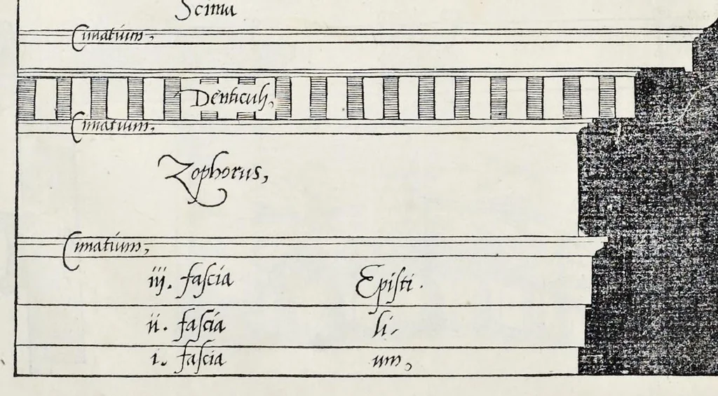 An illustration from Reigles generales de l'architecture, sur les cincq manieres d'edifices : ascauoir, thuscane, doricq̄, ioniq̄, corinthe, & cōposite, auec les exemples danticquitez, selon la doctrine de Vitruue, 1542, leaf 75