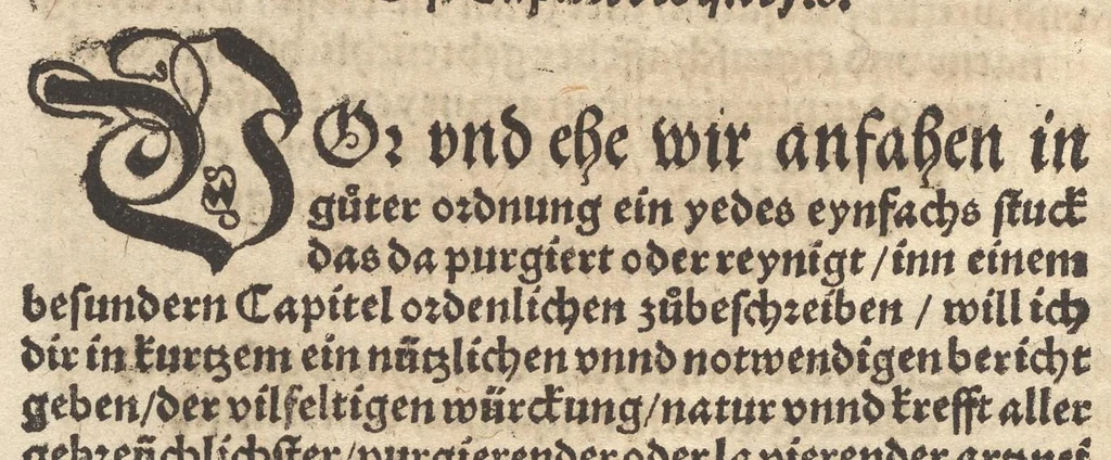 An illustration from Der drit Theyl der kleynen teütschen Apoteck, oder, Confectbüchlins von rechtem vnnd nutzlichem Gebrauch ordenlicher Vermischung vnd zů bereyttung aller Laxatiuen purgierender oder treibender Artzney, eynfacher, gemeyner vnuermischter, auch vermischter Stuck, mancherley Compositzen von Latwergen, Täflin, Getränck, Puluer, Clyster, Stůlzäpflin, Pillen vnd dergleichen den Leib zůreynigen vnd purgieren ... sampt notwendiger Erklärung jr Natur, Krafft vnd Würckung, auch wie solche auff das best erwölet warhafftig erkennet, vnd rechtgeschaffen bereyttet werden sollen für mancherley Kranckheyt menschlichs Leibs, 1552, leaf 121