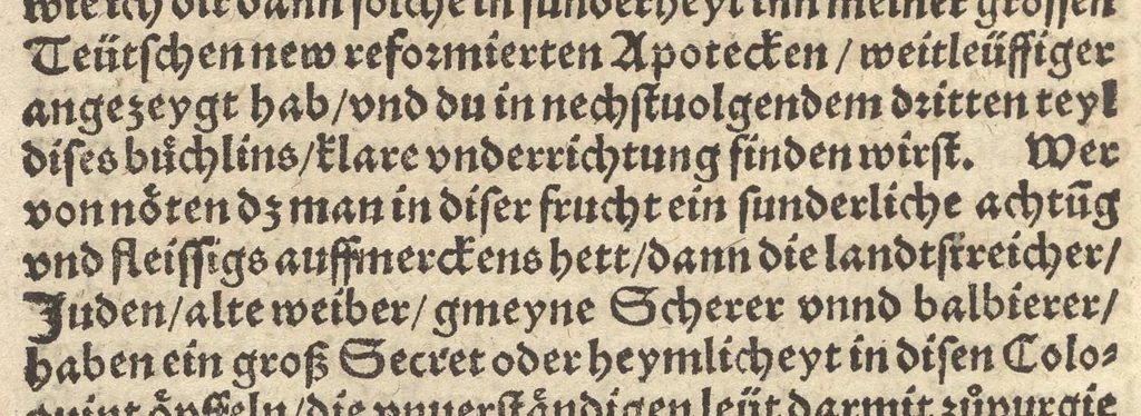 An illustration from Der drit Theyl der kleynen teütschen Apoteck, oder, Confectbüchlins von rechtem vnnd nutzlichem Gebrauch ordenlicher Vermischung vnd zů bereyttung aller Laxatiuen purgierender oder treibender Artzney, eynfacher, gemeyner vnuermischter, auch vermischter Stuck, mancherley Compositzen von Latwergen, Täflin, Getränck, Puluer, Clyster, Stůlzäpflin, Pillen vnd dergleichen den Leib zůreynigen vnd purgieren ... sampt notwendiger Erklärung jr Natur, Krafft vnd Würckung, auch wie solche auff das best erwölet warhafftig erkennet, vnd rechtgeschaffen bereyttet werden sollen für mancherley Kranckheyt menschlichs Leibs, 1552, leaf 177