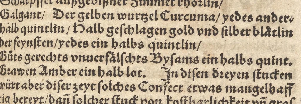 An illustration from Der erste [-ander] Theyl der kleynen teütschen Apoteck, Confect oder Latwergen Büchlins : darin[n] begriffen warhafftige, künstliche, gerechte Vnderweysung vn[nd] Anzeygung aller Latwergen, Confect, Conseruen, Einbeytzungen vnnd Einmachungen von macherley Früchten, Blůmen, Kreüttern vn[nd] Wurtzeln, sampt andern künstlichen vnd anmütigen Stucken, wie solche inn den Apotecken gemacht vnd inn grossem Werdt gehalten vnd verkaufft werden ... auch nützliche Erklärung der Natur, Krafft vnnd Würckung diser Stuck, warzů ein jedes nutzlich gebraucht werden mög zeitlichs Leben zůerhalten vnd schwäre Kranckheyt zůuertreiben, 1559, leaf 442