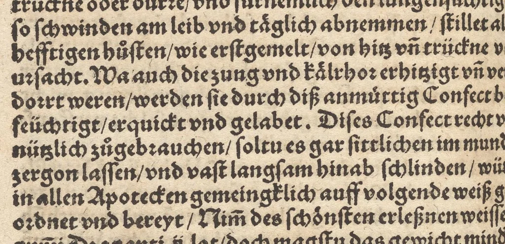 An illustration from Der erste [-ander] Theyl der kleynen teütschen Apoteck, Confect oder Latwergen Büchlins : darin[n] begriffen warhafftige, künstliche, gerechte Vnderweysung vn[nd] Anzeygung aller Latwergen, Confect, Conseruen, Einbeytzungen vnnd Einmachungen von macherley Früchten, Blůmen, Kreüttern vn[nd] Wurtzeln, sampt andern künstlichen vnd anmütigen Stucken, wie solche inn den Apotecken gemacht vnd inn grossem Werdt gehalten vnd verkaufft werden ... auch nützliche Erklärung der Natur, Krafft vnnd Würckung diser Stuck, warzů ein jedes nutzlich gebraucht werden mög zeitlichs Leben zůerhalten vnd schwäre Kranckheyt zůuertreiben, 1559, leaf 465