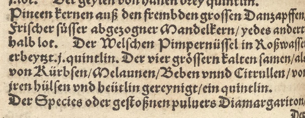 An illustration from Der erste [-ander] Theyl der kleynen teütschen Apoteck, Confect oder Latwergen Büchlins : darin[n] begriffen warhafftige, künstliche, gerechte Vnderweysung vn[nd] Anzeygung aller Latwergen, Confect, Conseruen, Einbeytzungen vnnd Einmachungen von macherley Früchten, Blůmen, Kreüttern vn[nd] Wurtzeln, sampt andern künstlichen vnd anmütigen Stucken, wie solche inn den Apotecken gemacht vnd inn grossem Werdt gehalten vnd verkaufft werden ... auch nützliche Erklärung der Natur, Krafft vnnd Würckung diser Stuck, warzů ein jedes nutzlich gebraucht werden mög zeitlichs Leben zůerhalten vnd schwäre Kranckheyt zůuertreiben, 1559, leaf 499