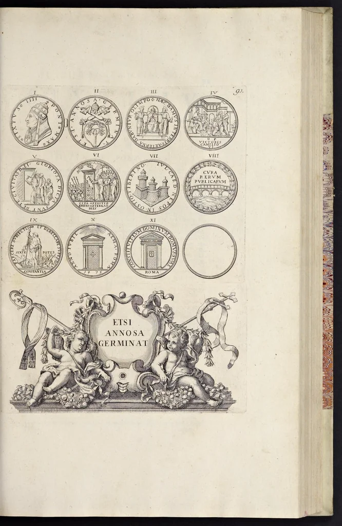 An illustration from Numismata pontificum Romanorum quae a tempore Martini V. usque ad annum M. DC. XCIX vel authoritate publica, vel privato genio in lucem prodiere, 1699, leaf 154