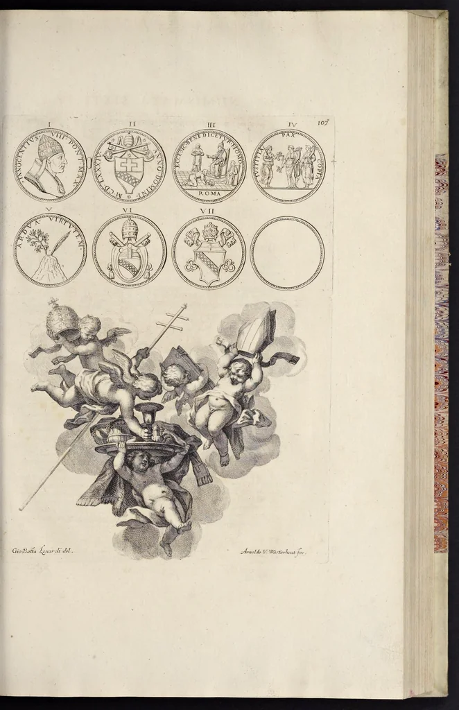 An illustration from Numismata pontificum Romanorum quae a tempore Martini V. usque ad annum M. DC. XCIX vel authoritate publica, vel privato genio in lucem prodiere, 1699, leaf 172