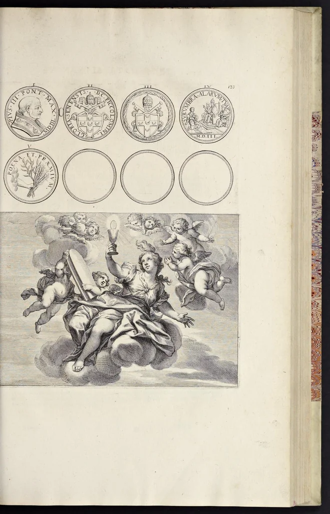 An illustration from Numismata pontificum Romanorum quae a tempore Martini V. usque ad annum M. DC. XCIX vel authoritate publica, vel privato genio in lucem prodiere, 1699, leaf 206